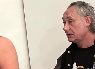 Teen strips and deepthroats big cock in wild threesome with busty manager