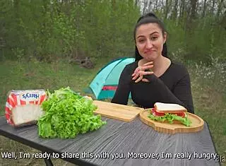 Hungry Brunette Stranger Trades Huge Cock For Sandwich In Public Outdoor POV Blowjob And Cum Swallow Scene