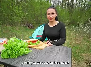 Hungry Brunette Stranger Trades Huge Cock For Sandwich In Public Outdoor POV Blowjob And Cum Swallow Scene