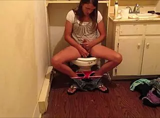 Teen amateur masturbates ass with fingers shooting hot cum load in friend bathroom hidden cam