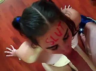 Lipstick slut gets face fucked with slapping spitting and choking in pigtails during rough deepthroat.