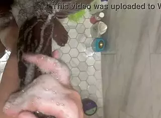 Hot curious 18 year old teen enjoys cleaning stepbrother monster cock in shower making big dick cum twice fast