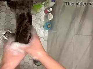 Hot curious 18 year old teen enjoys cleaning stepbrother monster cock in shower making big dick cum twice fast