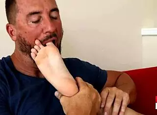 19-year-old blonde allie addison gives him footjob with sexy feet and toes tickling action