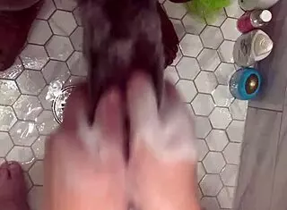 Hot curious 18 year old teen enjoys cleaning stepbrother monster cock in shower making big dick cum twice fast