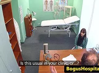 this real babe patient ends up getting fucked hard by her doctor in missionary during hidden cam hospital exam. squirting follows in office uniform