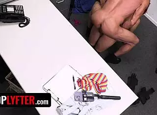 Petite shoplifter sucks security guard's big cock deepthroat style