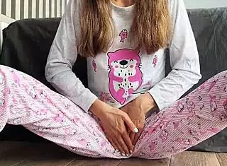 Skinny teen in pajamas played with her small tits and fingered her pussy until she squirted everywhere.