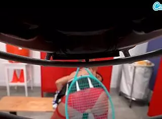 Sexy hot brunette cheerleader masturbates with dildo in locker room showing hairy pussy and asshole.