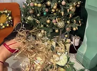 Daddy Pounds Brunette Slut's Tight Ass on Christmas with Creampie Finish