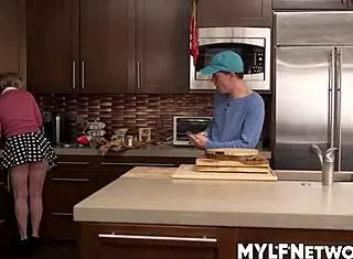 dee arrives home from supermarket unloading bags while neighbour boy rion spies on her perfect ass. he approaches for blowjob then fucks her hard doggystyle with creampie.