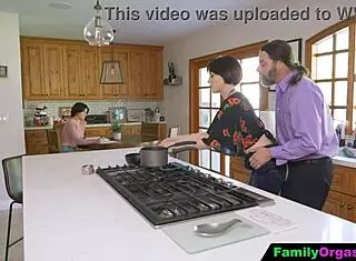 Old man fucks daring stepdaughter and wife bareback in kitchen