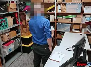 Teen creditcard cheater gets caught by a perverted mall cop and faces consequences in the shop