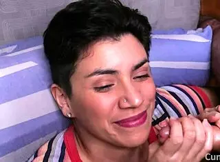 Pov handjob with cumshot facial as I rub my cum on her smiling face romantically