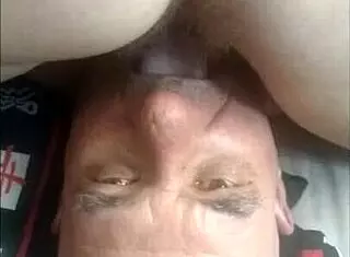 cunnilingus - upper view shows old man licking mature couple's pussy in cunilingus muff diving