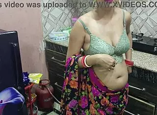 Desi indian bhabhi cheats on husband with brother-in-law for shaved pussy licking in kitchen