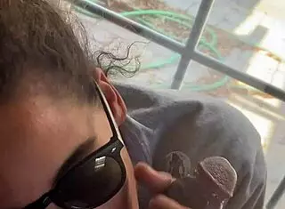 Lightskin ebony slut little 18+ step-sister giving blowjob in front of window gets cum on her face