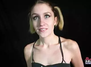 Skinny blonde cutie Pixie Pie sucks cock and gets her shaved pussy fucked deep