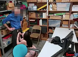 Teen creditcard cheater gets caught by a perverted mall cop and faces consequences in the shop