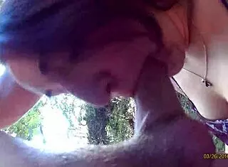 Brunette gives sexy blowjob in the woods with cum swallow in nature POV style