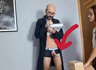 Perverted Grandpa Greets Delivery Girl With Exposed Cock In Flashing Fetish And Creampie Finish