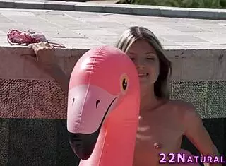 slender blonde beauty sixtynines in bikini outdoors with cum in mouth