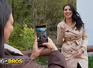 horny tourists strip in the cold vineyard leading to hard threesome fucking with big cock riding and wet pussy action