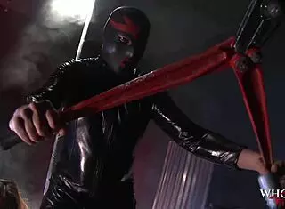 police officer engages in intense group encounter with masked figure at work