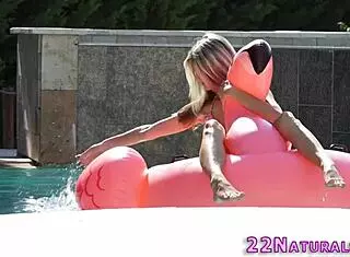 slender blonde beauty sixtynines in bikini outdoors with cum in mouth