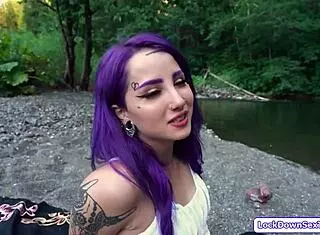 Purple haired babe with small tits big ass gets fucked outdoors by monster cock