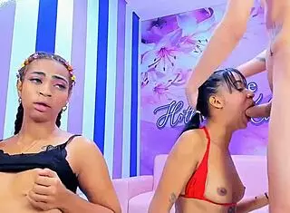 Two Colombian Sluts Deepthroat Monster Cocks in Rough Homemade Blowbang with Face Fucking