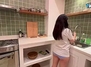 Best friend licks my wet pussy in homemade Colombian kitchen session