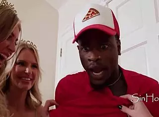 hey, these 5 cougars thought he was a stripper and ended up banging the 19yo black pizza guy in a wild gangbang! 🔥🍕