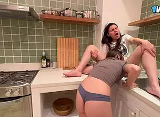 Best friend licks my wet pussy in homemade Colombian kitchen session