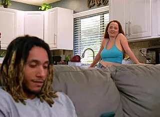 so this redhead with huge natural tits cheats on her boyfriend with his friend's big black cock - red eviee