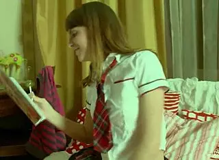 tiny coed erika t, why are you taking off your uniform to finger that shaved wet pussy with a dildo in doggystyle?