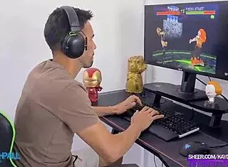 Gamer's boy fantasy 3some turns real with blonde and Latina pornstars in wet sloppy FFM action.