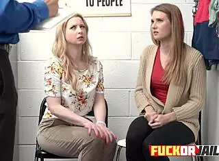 Two hot teens got arrested and now this horny officer is fucking them hard in the office