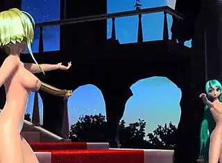 Hatsune Miku and Gumi appear in Cendrillon Project Diva with full nude modifications. Their goddess-like bodies shine in big tits and ass details during the performance.