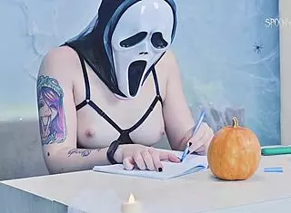I feel excited carving erotic pumpkin for trick or treat with sexy ghostface.