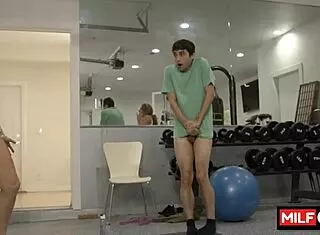 Teen boy fucking two horny big tit mature sluts in the gym