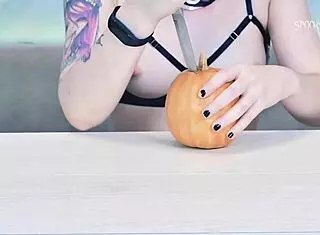 I feel excited carving erotic pumpkin for trick or treat with sexy ghostface.