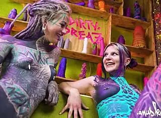 two tattooed goth lesbians dive into anal play using big dildo and vibrator for gapes. they spread shaved assholes wide leading to real orgasm.