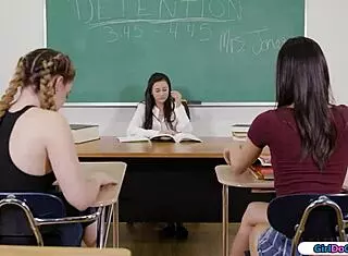 we're 18yo students facesitting our detention teacher in a wild lesbian threesome