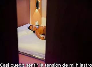 This stepmom touches her tight wet pussy. her stepson hides and watches the homemade show.