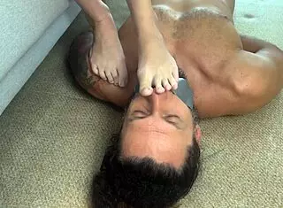 Curious scenario where my naughty girlfriend ties me up and delivers an intense footjob with cum covering