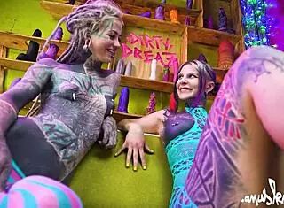 two tattooed goth lesbians dive into anal play using big dildo and vibrator for gapes. they spread shaved assholes wide leading to real orgasm.