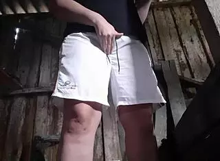 Village girl sneaks into barn for secret clothed masturbation