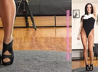 Asian Dancer Practices Routine In Pantyhose And Leotard