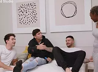 Innocent ebony babe dives into her wild gangbang fantasy with big cocks pounding her big ass in rough interracial orgy action